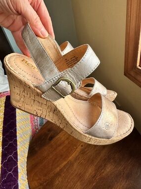 Børn  Metallic Leather Cork Wedge Sandals Platform 7.5M Boho Comfort